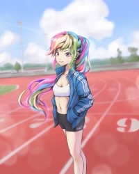 Size: 1920x2400 | Tagged: safe, artist:nattapong yotkhruea, imported from derpibooru, rainbow dash, human, belly button, breasts, cleavage, clothes, humanized, jacket, midriff, race track, shorts, sports shorts