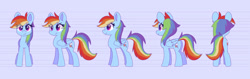 Size: 1920x605 | Tagged: safe, artist:samantha martínez, imported from derpibooru, rainbow dash, pegasus, pony, abstract background, alternate design, butt, female, folded wings, mare, plot, smiling, smirk, solo, standing, wings