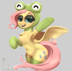 Size: 1000x980 | Tagged: safe, alternate version, artist:inkypuso, imported from derpibooru, fluttershy, frog, pegasus, pony, animal costume, chest fluff, clothes, costume, cute, female, frog costume, gray background, mare, open mouth, open smile, shyabetes, simple background, smiling, solo, spread wings, wings