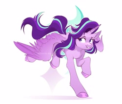 Size: 4096x3510 | Tagged: safe, artist:buvanybu, imported from derpibooru, starlight glimmer, alicorn, pony, action pose, alicornified, cute, female, glimmerbetes, high res, lidded eyes, looking at you, mare, race swap, simple background, smiling, solo, spread wings, starlicorn, starry eyes, stars, white background, wingding eyes, wings
