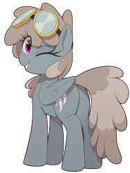 Size: 1500x2000 | Tagged: safe, artist:thebatfang, imported from derpibooru, dust devil, pegasus, pony, background pony, butt, dust butt, eye clipping through hair, female, folded wings, goggles, looking at you, looking back, looking back at you, mare, one eye closed, plot, simple background, smiling, smiling at you, solo, transparent background, wings, wink, winking at you