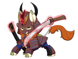 Size: 8000x6000 | Tagged: safe, artist:chedx, imported from derpibooru, autumn blaze, kirin, absurd resolution, armor, clothes, female, glowing, glowing horn, helmet, horn, katana, magic, mare, patreon, patreon reward, samurai, simple background, solo, sword, telekinesis, transparent background, weapon