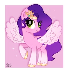 Size: 1080x1155 | Tagged: safe, artist:cstrawberrymilk, imported from derpibooru, pipp petals, pegasus, pony, eye clipping through hair, female, g4, g5, g5 to g4, generation leap, raised hoof, smiling, solo, sparkles, spread wings, wings