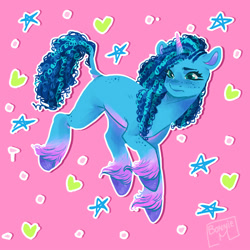 Size: 2000x2000 | Tagged: safe, artist:bonniem_x2, imported from derpibooru, pony, unicorn, female, freckles, g5, heart, misty brightdawn, my little pony: make your mark, pink background, simple background, solo, stars