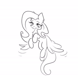 Size: 2480x2480 | Tagged: safe, artist:katputze, imported from derpibooru, fluttershy, pegasus, pony, black and white, chest fluff, female, flying, full body, grayscale, long eyelashes, looking at you, mare, monochrome, simple background, smiling, smiling at you, solo, white background