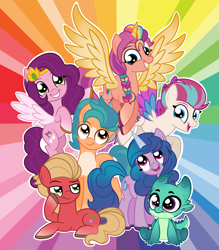 Size: 3217x3673 | Tagged: safe, artist:squipycheetah, imported from derpibooru, hitch trailblazer, izzy moonbow, pipp petals, sprout cloverleaf, sunny starscout, zipp storm, alicorn, dragon, earth pony, pegasus, pony, unicorn, baby, baby dragon, cute, female, g4, g5, g5 to g4, generation leap, happy, looking at you, male, mane five (g5), mare, multicolored hair, new mane six (g5), outline, rainbow background, raised hoof, sitting, smiling, sparky sparkeroni, spread wings, stallion, white outline, wings