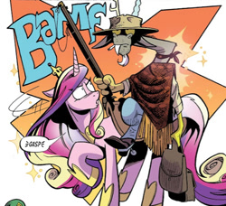Size: 479x437 | Tagged: safe, idw, imported from derpibooru, discord, princess cadance, alicorn, spoiler:comic, spoiler:comic102, bag, cigarette, comic, cowboy, crown, duo, duo male and female, fake gun, female, gasp, general discord, gun, jewelry, male, military, military hat, offscreen character, raised hoof, regalia, riding a pony, saddle, saddle bag, season 10, sparkles, tack, weapon