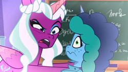 Size: 2220x1248 | Tagged: safe, imported from derpibooru, screencap, opaline arcana, alicorn, pony, unicorn, spoiler:g5, spoiler:my little pony: tell your tale, spoiler:tyts01e29, chalkboard, dragon dad, duo, duo female, female, g5, mare, misty brightdawn, my little pony: tell your tale, open mouth, youtube link