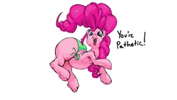 Size: 1280x720 | Tagged: safe, artist:parumpi, imported from derpibooru, pinkie pie, earth pony, pony, bikini, bikini bottom, clothes, dialogue, female, insult, jumping, looking at you, mare, missing cutie mark, open mouth, pinkie prick, raised tail, simple background, solo, subversive kawaii, swimsuit, tail, talking to viewer, thighs, thunder thighs, underhoof, white background