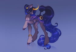 Size: 1194x812 | Tagged: safe, artist:blitsazalisdash, imported from derpibooru, oc, oc only, pony, unicorn, coat markings, ear piercing, earring, female, hair accessory, hair bun, hoof ring, hooves, jewelry, mare, piercing, socks (coat markings), solo, sparkling mane, star earring, tail, tail wrap, unshorn fetlocks