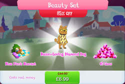 Size: 1274x857 | Tagged: safe, idw, imported from derpibooru, diamond dog, apple, bacon, basket, blouse, brown fur, bundle, bush, choker, collar, costs real money, dog collar, english, female, female diamond dog, food, gameloft, gem, idw showified, jar, meat, my little pony: magic princess, numbers, official, pattern, picnic, picnic basket, picnic blanket, sale, sandwich, solo, solo focus, text, unnamed character, unnamed diamond dog, yellow eyes