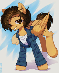 Size: 1280x1576 | Tagged: safe, artist:astralblues, imported from derpibooru, oc, oc only, pegasus, pony, abstract background, clothes, ear fluff, hock fluff, jacket, male, partially open wings, shirt, smiling, solo, stallion, wings