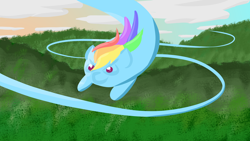 Size: 1920x1080 | Tagged: safe, artist:purblehoers, imported from derpibooru, rainbow dash, cloud, flying, hill, long pony, solo, tree