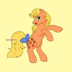 Size: 2048x2048 | Tagged: safe, artist:berrybovine, imported from derpibooru, applejack (g1), earth pony, pony, bow, female, g1, mare, open mouth, open smile, rearing, signature, simple background, smiling, solo, tail, tail bow, yellow background