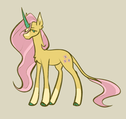 Size: 2840x2692 | Tagged: safe, artist:berrybovine, imported from derpibooru, fluttershy, classical unicorn, pony, unicorn, beige background, cloven hooves, coat markings, female, leonine tail, lidded eyes, mare, race swap, simple background, socks (coat markings), solo, unicorn fluttershy, unshorn fetlocks