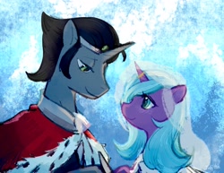 Size: 3300x2550 | Tagged: safe, artist:tabithaqu, idw, imported from derpibooru, king sombra, radiant hope, pony, unicorn, abstract background, duo, duo male and female, female, height difference, high res, hopebra, looking at each other, looking at someone, male, mare, reformed sombra, shipping, stallion, straight