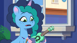 Size: 2220x1248 | Tagged: safe, imported from derpibooru, screencap, pony, unicorn, spoiler:g5, spoiler:my little pony: tell your tale, spoiler:tyts01e29, dragon dad, female, g5, guitar, mare, misty brightdawn, musical instrument, my little pony: tell your tale, open mouth, solo, ukulele, youtube link