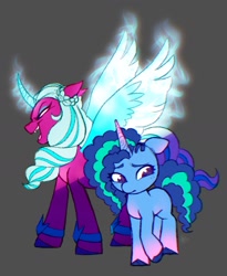 Size: 1511x1845 | Tagged: safe, alternate version, artist:catmint, imported from derpibooru, opaline arcana, alicorn, pony, unicorn, spoiler:g5, spoiler:my little pony: make your mark, evil grin, g5, glowing, glowing horn, glowing wings, grin, horn, misty brightdawn, my little pony: make your mark, sad, smiling, wings