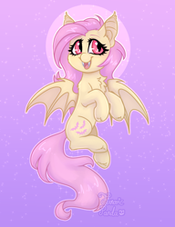 Size: 1000x1300 | Tagged: safe, artist:fanaticpanda, imported from derpibooru, fluttershy, bat pony, pony, cute, fangs, female, flutterbat, gradient background, mare, open mouth, open smile, race swap, shyabates, shyabetes, smiling, solo, sparkles, wingding eyes