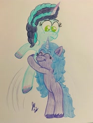 Size: 3024x4032 | Tagged: safe, artist:jesslmc16, imported from derpibooru, izzy moonbow, pony, unicorn, spoiler:g5, spoiler:my little pony: make your mark, art, colored pencil drawing, drawing, g5, hug, misty brightdawn, my little pony: make your mark, smiling, standing, traditional art, woman