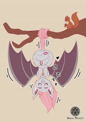 Size: 2896x4096 | Tagged: safe, artist:draconightmarenight, imported from derpibooru, oc, oc:cotton puff, bat pony, pony, squirrel, bat wings, colored sketch, cute, fangs, food, hanging, hanging upside down, herbivore, mango, monthly reward, sleeping, smug smile, solo, tree, tree branch, upside down, wings