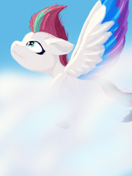 Size: 1536x2048 | Tagged: safe, artist:the crystal artist, derpibooru exclusive, imported from derpibooru, zipp storm, pegasus, pony, blue eyes, blue wings, cloud, colored hooves, digital art, ears back, female, flying, g5, lineless, mare, peaceful, pink mane, shading, side view, sky, smiling, solo, sparkly eyes, spread wings, wingding eyes, wings