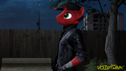 Size: 3840x2160 | Tagged: safe, artist:fireemerald123, imported from derpibooru, oc, oc only, oc:page feather, anthro, 3d, building, clothes, fence, jacket, leather, leather jacket, looking up, night, solo, source filmmaker, tree, voidpunk, watermark