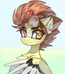 Size: 3282x3698 | Tagged: safe, artist:jfrxd, imported from derpibooru, oc, oc only, pegasus, pony, bust, chest fluff, colored wings, colored wingtips, female, goggles, looking at you, mare, smiling, solo, white pupils, wings