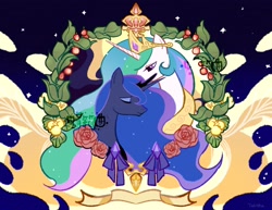 Size: 3300x2550 | Tagged: safe, artist:tabithaqu, imported from derpibooru, princess celestia, princess luna, alicorn, pony, bust, duo, eyes closed, female, high res, mare, royal sisters, siblings, sisters, wreath
