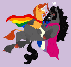 Size: 1598x1513 | Tagged: safe, artist:d3pressedr4inbow, imported from derpibooru, king sombra, sunburst, classical unicorn, pony, unicorn, bisexual pride flag, blushing, bridal carry, cape, carrying, clothes, cloven hooves, duo, duo male, floating heart, gay, gay pride flag, heart, leonine tail, male, pride, pride flag, purple background, shipping, simple background, somburst, stallion, unshorn fetlocks