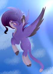 Size: 2480x3508 | Tagged: safe, artist:thecommandermiky, imported from derpibooru, oc, cheetah, hybrid, pegasus, pony, cloud, flying, sky, solo