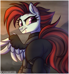 Size: 3217x3444 | Tagged: safe, artist:kannakiller, imported from derpibooru, oc, oc:appreciating freedom, pegasus, pony, fallout equestria, butt, clothes, digital art, eyelashes, female, gift art, half body, looking at you, looking back, mare, pegasus oc, plot, scar, sketch, solo, tail, wings