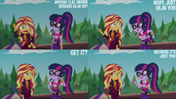 Size: 4400x2475 | Tagged: safe, edit, edited screencap, editor:quoterific, imported from derpibooru, screencap, sci-twi, sunset shimmer, twilight sparkle, human, equestria girls, equestria girls series, sunset's backstage pass!, spoiler:eqg series (season 2), pun