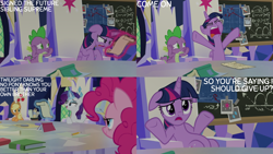 Size: 4400x2475 | Tagged: safe, edit, edited screencap, editor:quoterific, imported from derpibooru, screencap, applejack, pinkie pie, rarity, spike, twilight sparkle, alicorn, dragon, sparkle's seven, book, chalkboard, cutie map, floppy ears, magnifying glass, pencil, scroll, twilight sparkle (alicorn), twilight's castle, winged spike, wings