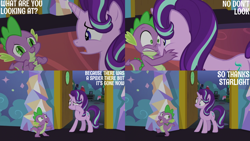 Size: 4400x2475 | Tagged: safe, edit, edited screencap, editor:quoterific, imported from derpibooru, screencap, spike, starlight glimmer, celestial advice, twilight's castle