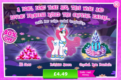 Size: 1961x1302 | Tagged: safe, idw, imported from derpibooru, princess amore, pony, unicorn, advertisement, bush, costs real money, crown, crystal, english, fountain, gameloft, gem, horn, jewelry, my little pony: magic princess, numbers, official, regalia, sale, solo, solo focus, tail, text, water