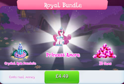Size: 1267x860 | Tagged: safe, idw, imported from derpibooru, princess amore, pony, unicorn, bundle, bush, costs real money, crown, crystal, fountain, gameloft, gem, golden oaks library, horn, jewelry, my little pony: magic princess, official, regalia, tail, water