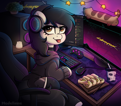 Size: 2600x2284 | Tagged: safe, artist:madelinne, imported from derpibooru, oc, oc only, oc:mod pone the mod, earth pony, pony, :p, chair, commission, computer, cup, cyberpunk 2077, drink, earth pony oc, female, food, gamer, gamer girl, gaming chair, gaming headset, headphones, headset, keyboard, lights, looking at you, mare, neon, office chair, pc, playing, plushie, room, sitting, solo, sushi, tongue out