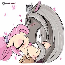 Size: 3000x3000 | Tagged: safe, artist:naquelinedelch2, imported from derpibooru, discord, fluttershy, butterfly, draconequus, pegasus, spoiler:g5comic, blushing, broken horn, discoshy, eyes closed, female, flower, flower in hair, g5, high res, horn, instagram, kiss on the lips, kissing, male, old man discord, older, older fluttershy, shipping, straight