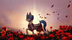 Size: 4518x2500 | Tagged: safe, artist:28gooddays, imported from derpibooru, oc, oc only, pony, unicorn, armor, broken horn, commission, flower, horn, poppy, scenery, solo