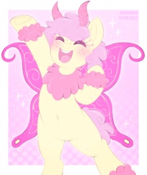 Size: 1640x1950 | Tagged: safe, artist:adostume, imported from derpibooru, oc, oc only, oc:light violet, moth, mothpony, original species, belly button, bipedal, blushing, chest fluff, commissioner:luxorianin, cute, eyes closed, freckles, hoof fluff, ocbetes, smiling, solo, underhoof