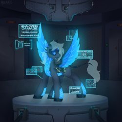 Size: 2300x2300 | Tagged: safe, artist:molars, imported from derpibooru, oc, oc only, oc:amika, original species, pegasus, plane pony, pony, robot, robot pony, augmented, blue, commission, cyberpunk, damaged, detailed background, doors, glowing, glowing wings, leonine tail, plane, science fiction, solo, sparks, spread wings, synthwave, tail, translucent mane, wings, wires