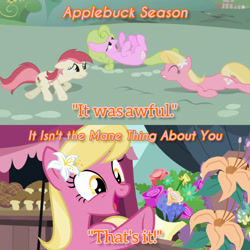 Size: 1920x1920 | Tagged: safe, edit, edited screencap, editor:itsmgh1203, imported from derpibooru, screencap, daisy, flower wishes, lily, lily valley, roseluck, earth pony, pony, applebuck season, it isn't the mane thing about you, season 1, season 7, eyes closed, female, floppy ears, flower, flower trio, mare, open mouth, open smile, smiling, text, trio, trio female