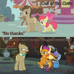 Size: 1920x1920 | Tagged: safe, edit, edited screencap, editor:itsmgh1203, imported from derpibooru, screencap, apple bloom, doctor whooves, smolder, time turner, dragon, earth pony, pony, a horse shoe-in, call of the cutie, season 1, season 9, apple bloom's bow, bow, crossed arms, dragoness, female, hair bow, male, open mouth, open smile, smiling, stallion, sugarcube corner, text