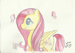 Size: 7014x4962 | Tagged: safe, artist:juliana emy, derpibooru exclusive, imported from derpibooru, fluttershy, butterfly, pegasus, pony, absurd resolution, cute, happy, heart, heart eyes, shyabetes, simple background, solo, traditional art, white background, wingding eyes