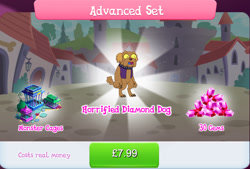 Size: 1272x861 | Tagged: safe, idw, imported from derpibooru, diamond dog, blue tongue, brown fur, bundle, bush, cage, choker, collar, costs real money, dog collar, english, gameloft, gem, horrified, idw showified, male, my little pony: magic princess, numbers, official, open mouth, sale, shock, shocked, shocked expression, solo, solo focus, spikes, text, unnamed character, unnamed diamond dog, yellow eyes