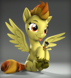 Size: 1503x1642 | Tagged: safe, artist:mister-karter, imported from derpibooru, spitfire, oc, oc:morozov, pegasus, pony, unicorn, 3d, cute, cutefire, looking at you, mlem, silly, source filmmaker, tongue out, waving