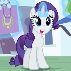 Size: 377x377 | Tagged: safe, imported from derpibooru, screencap, rarity, pony, unicorn, sweet and elite, adorable face, bag, cropped, cute, female, glowing, glowing horn, horn, levitation, magic, mare, open mouth, open smile, raribetes, shopping bag, smiling, solo, telekinesis