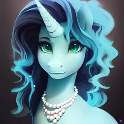 Size: 1024x1024 | Tagged: safe, imported from derpibooru, oc, oc:blue royal, pony, unicorn, fanfic:it's complicated, ai content, ai generated, fanfic art, female, generator:purplesmart.ai, generator:stable diffusion, jewelry, mare, necklace, pearl necklace, smiling