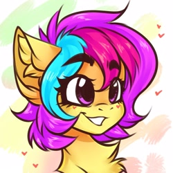 Size: 1601x1600 | Tagged: safe, artist:falafeljake, imported from derpibooru, oc, oc only, oc:cuihua, earth pony, pony, chest fluff, cute, ear fluff, eyebrows, eyebrows visible through hair, female, heart, mare, multicolored hair, simple background, sketch, smiling, solo